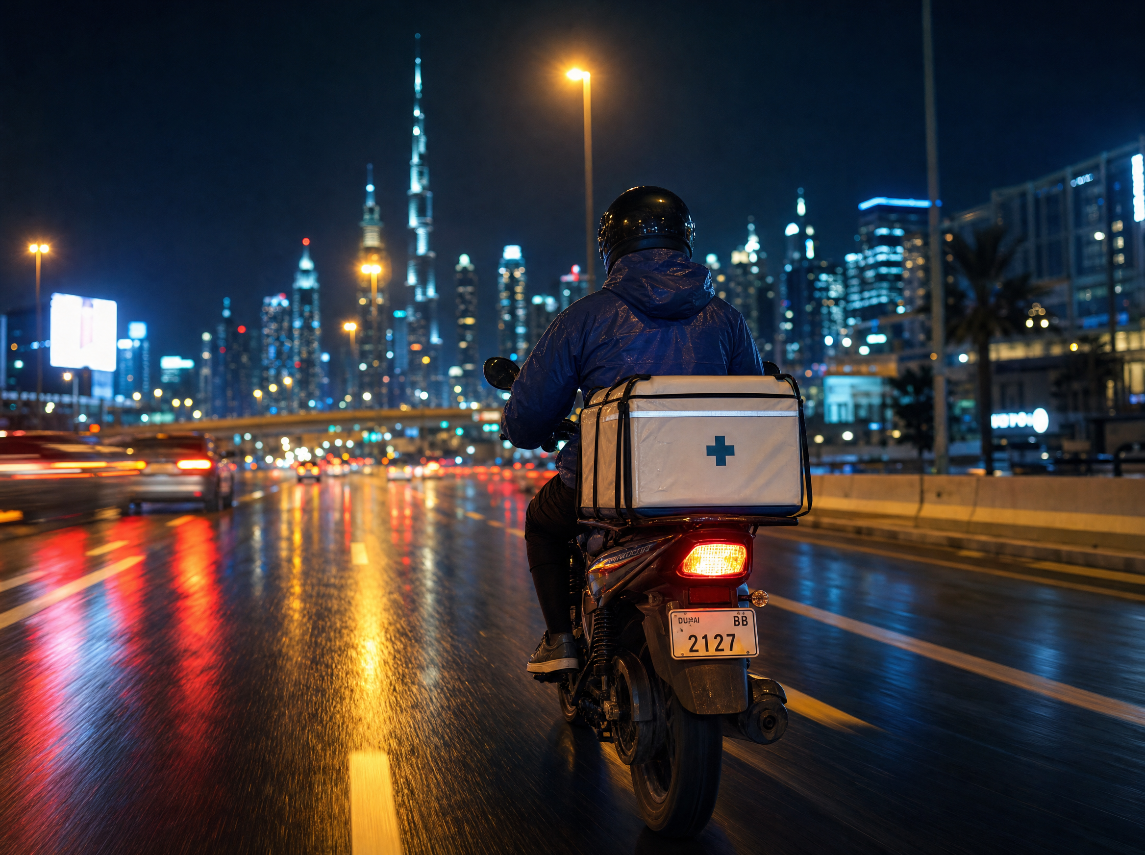 A quick-commerce rider on Sheikh Zayed Road at night with a small white delivery bag