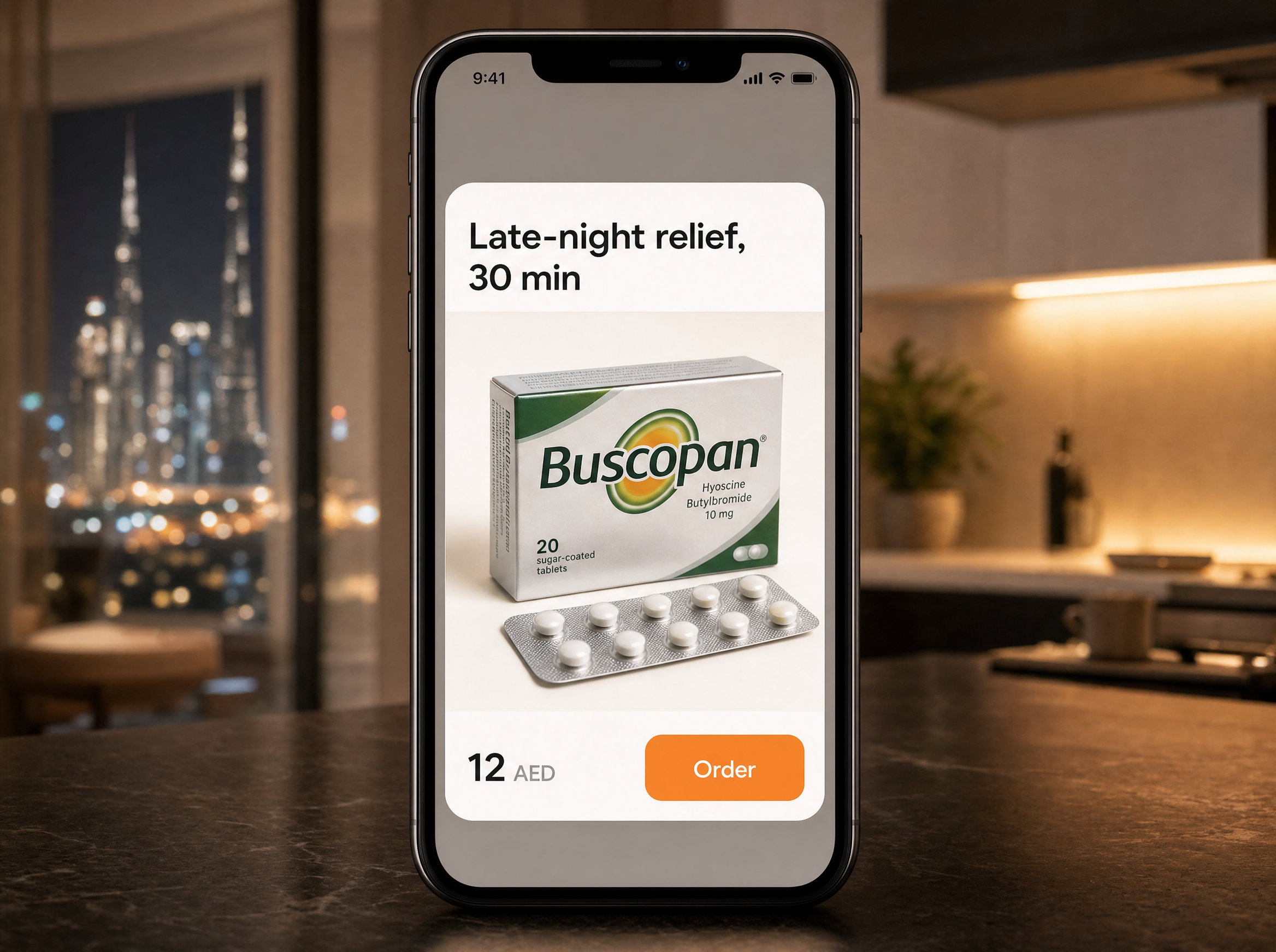 A phone showing a Late-night relief, 30 min app card for Buscopan at 12 AED