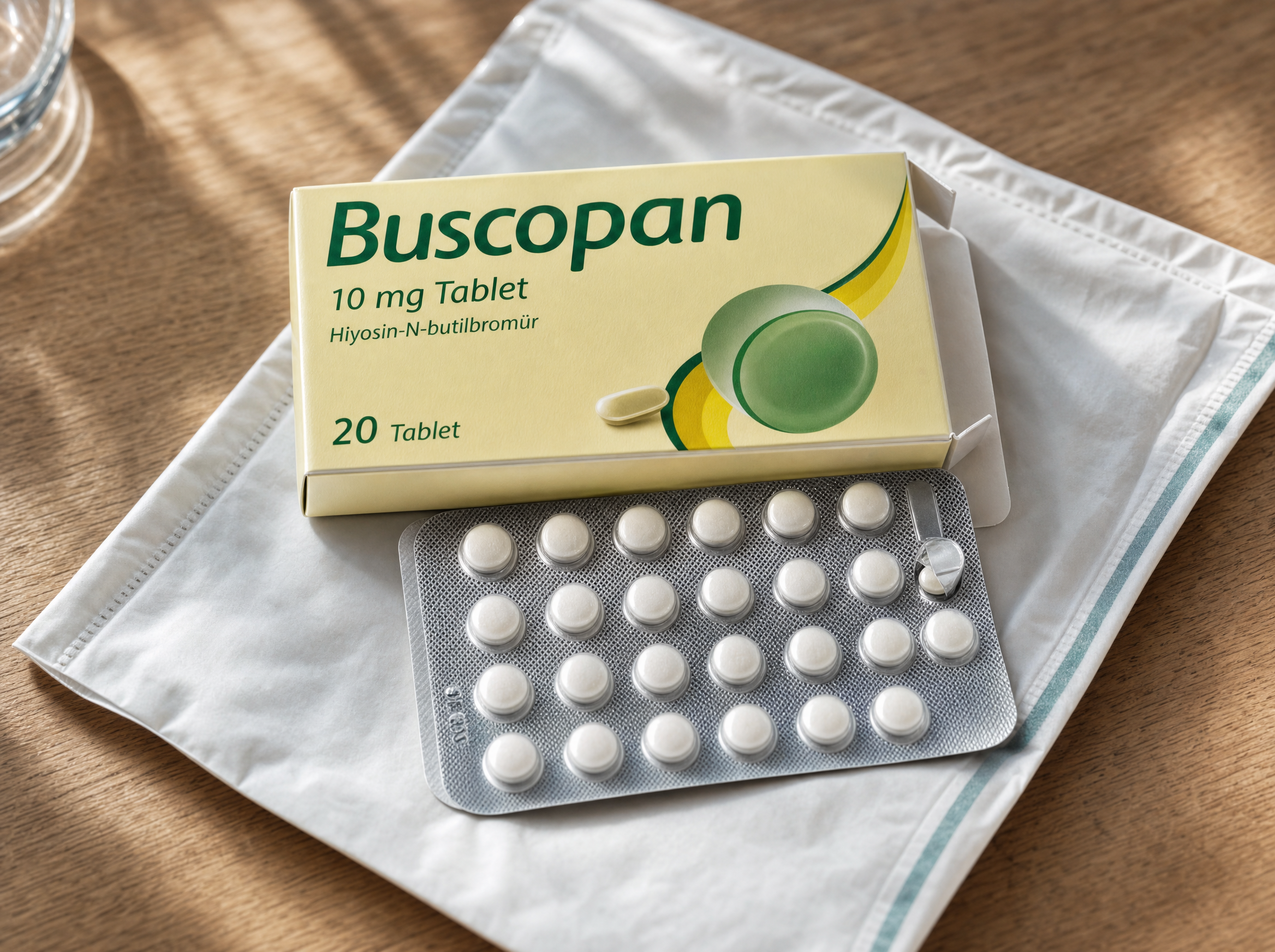 Macro shot of a Buscopan blister on a delivery envelope on a table