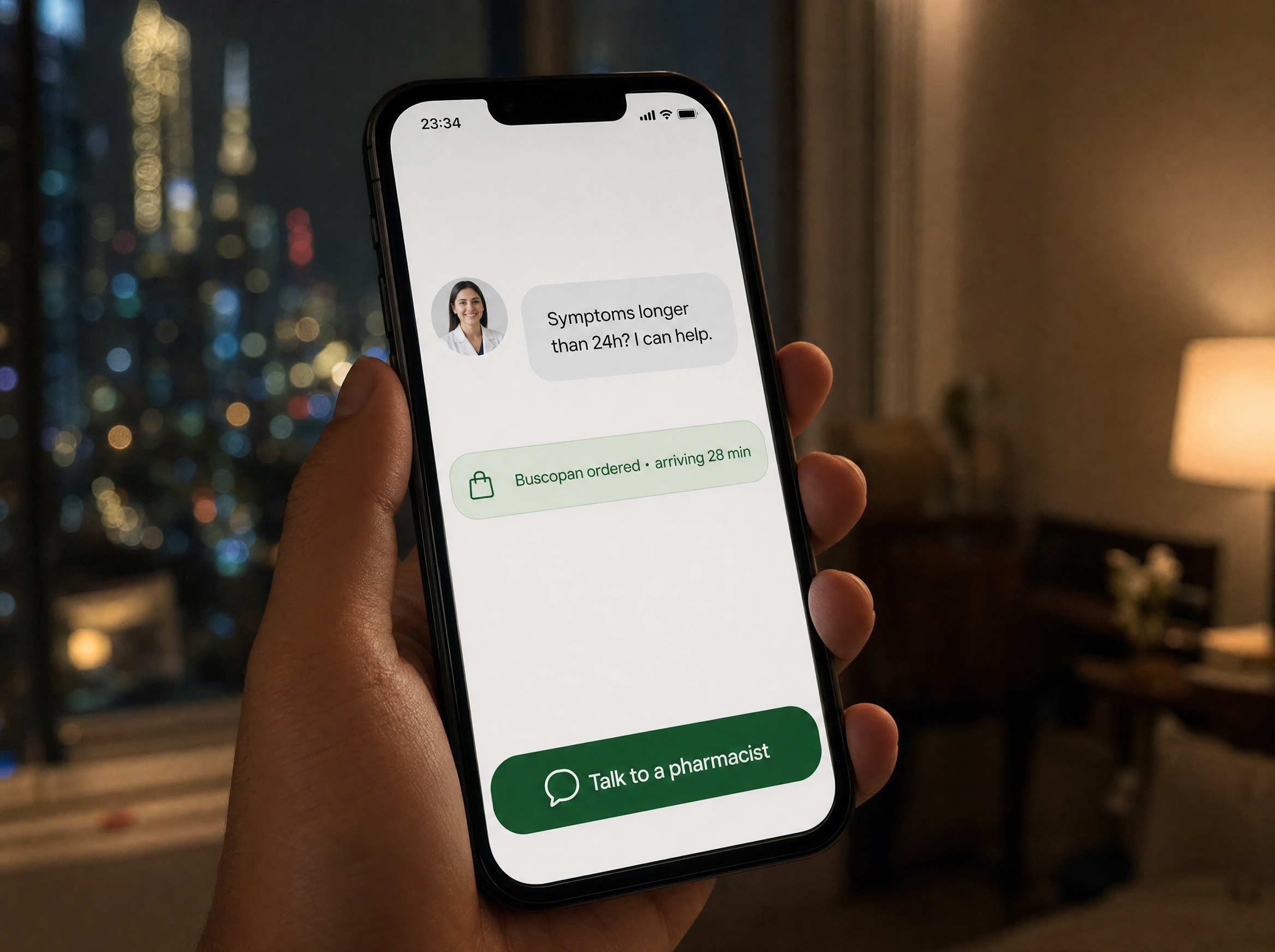 A smartphone at 23:34 showing a telehealth pharmacist chat alongside a Buscopan order