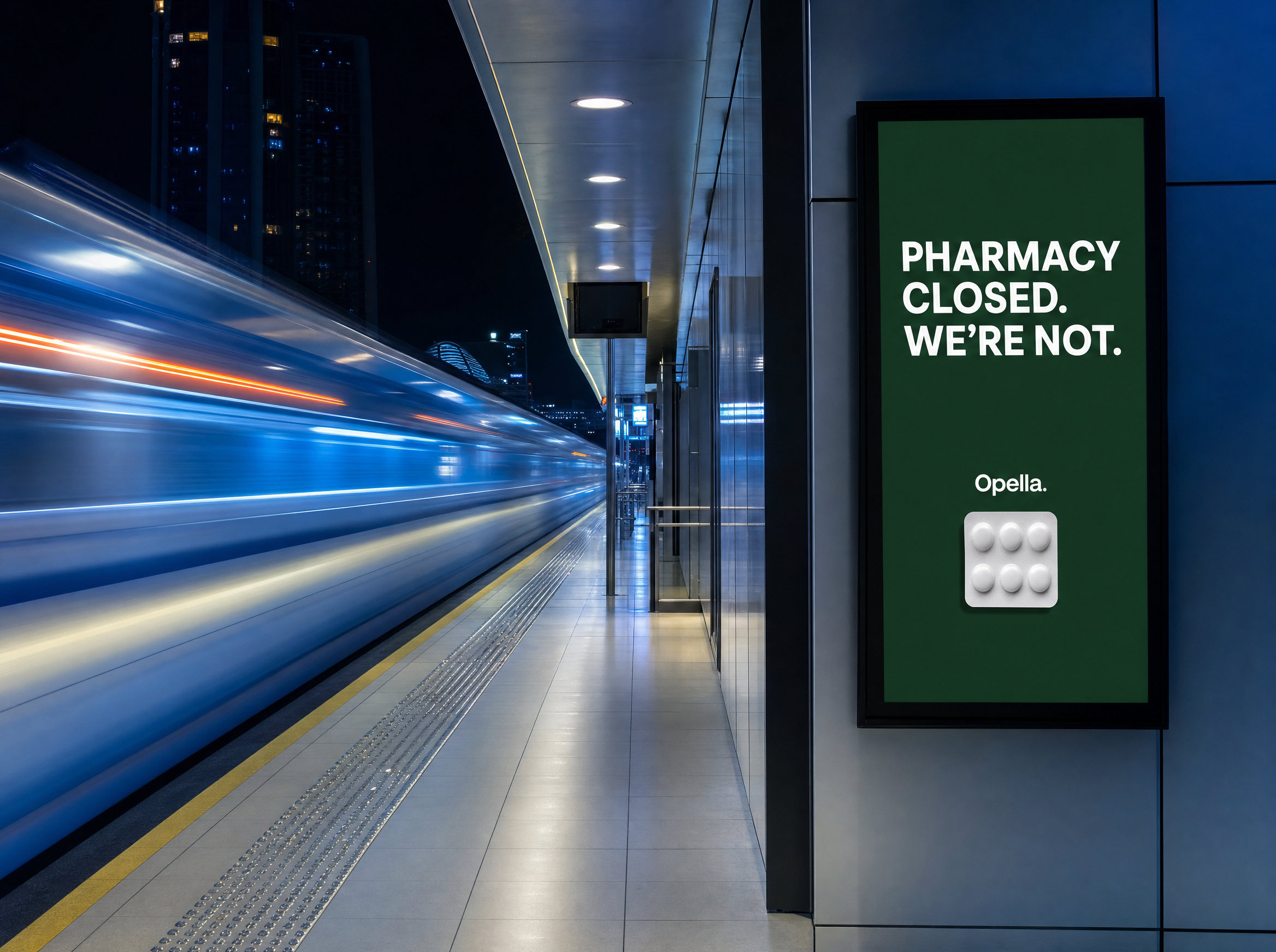 A vertical DOOH billboard on a Dubai Metro platform at 00:14 reading PHARMACY CLOSED. WE'RE NOT.
